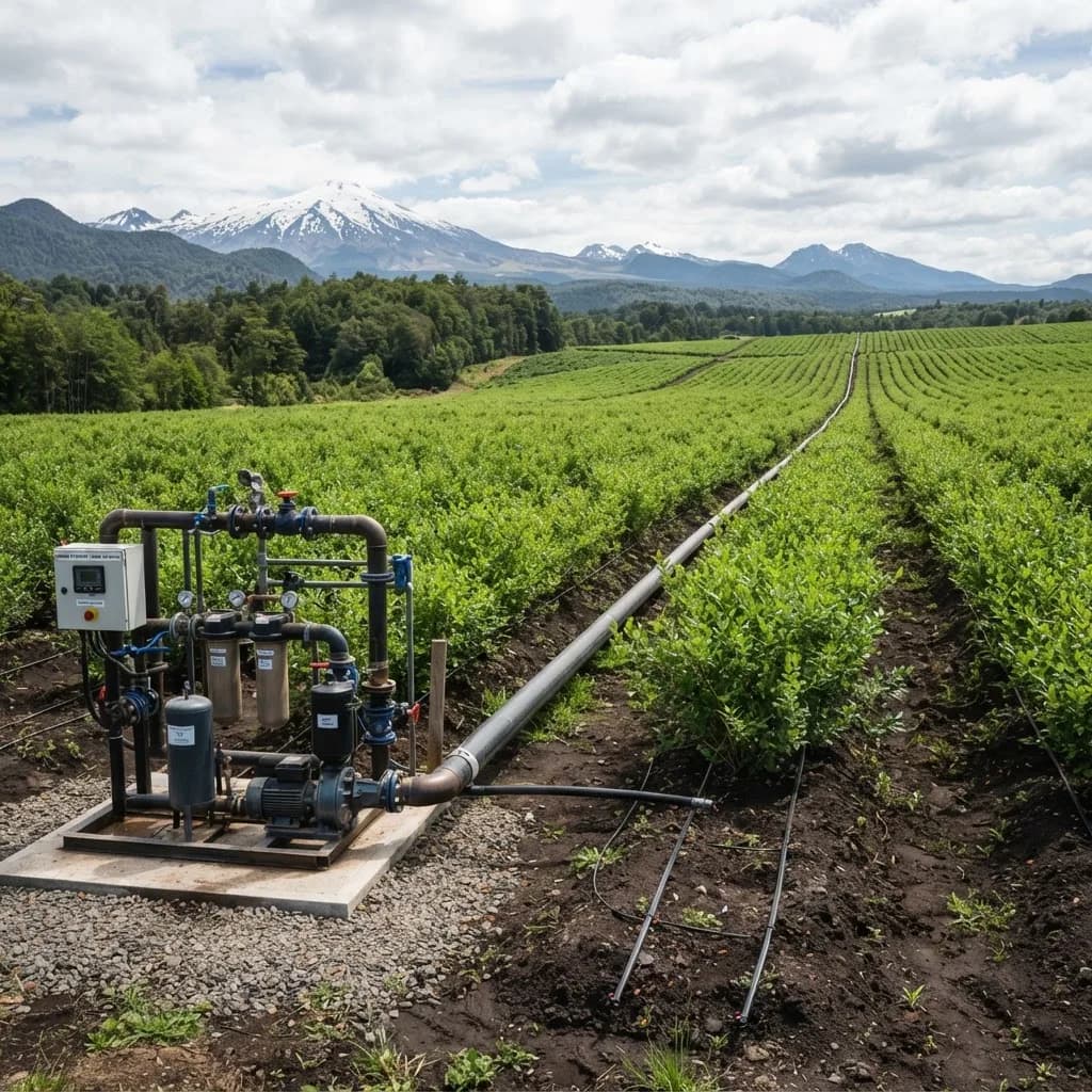 Cabezal de riego con filtros y manómetros junto a un campo cultivado, con cordillera nevada al fondo.