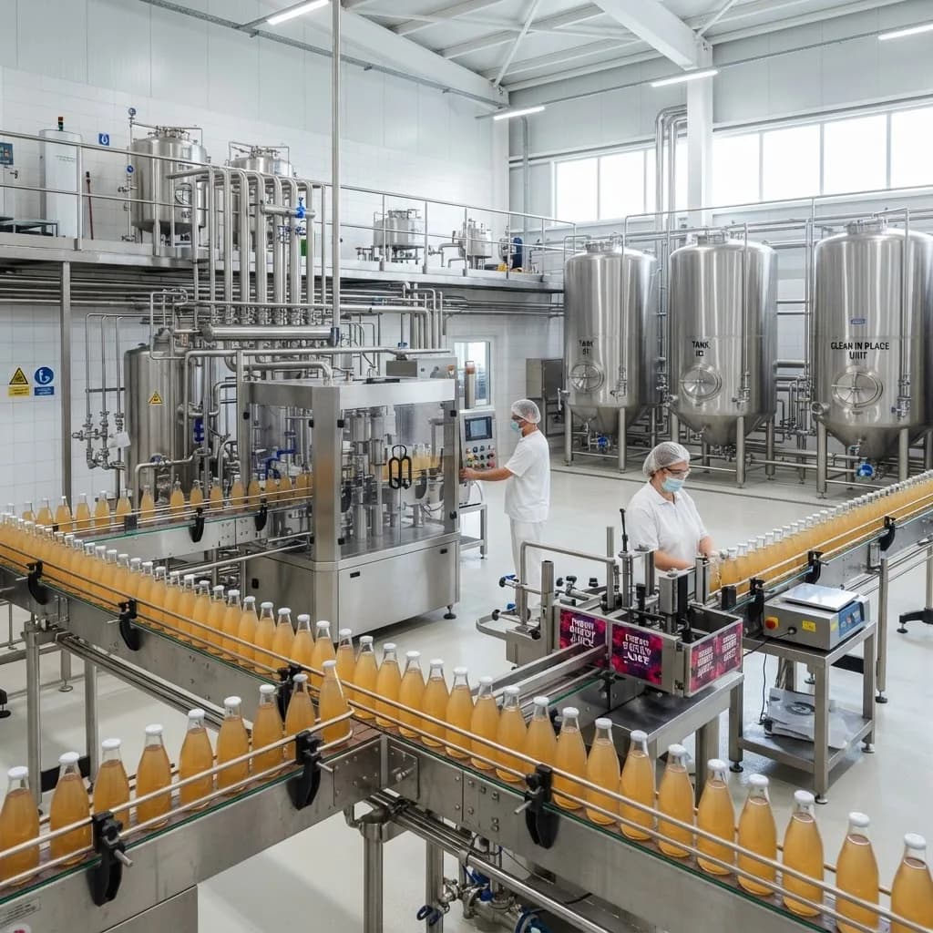 Línea de embotellado en una planta de alimentos, con estanques de acero inoxidable al fondo.