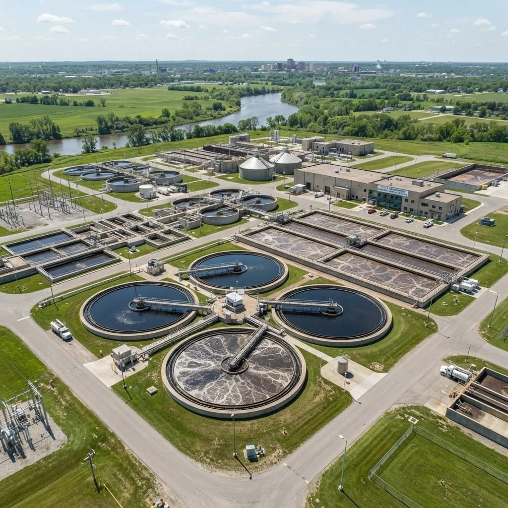 Vista aérea de una planta de tratamiento de aguas servidas, con decantadores circulares y piscinas de aireación.